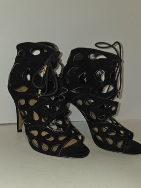 Aldo Black Lace Up Heels Laser Cut Peep Toe Sandals Stiletto Size 8